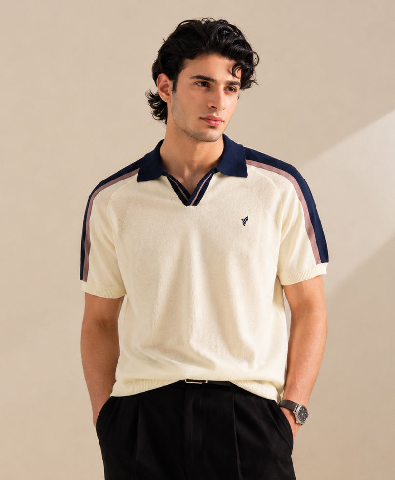 AVEROH Cream Knitted Contrast Polo