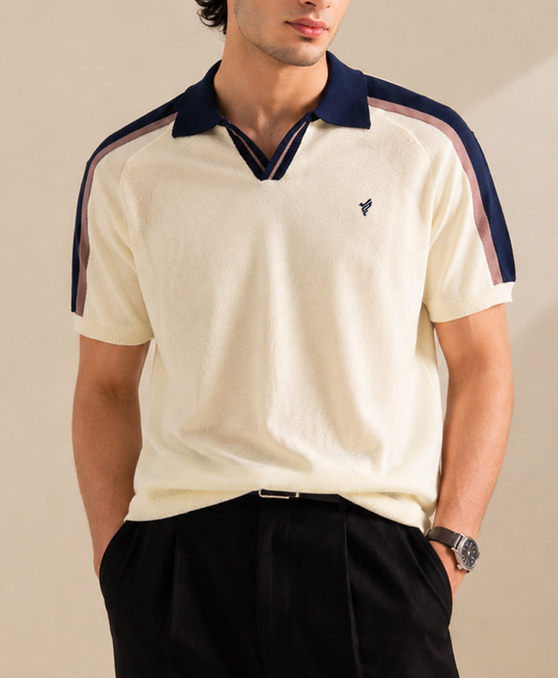 AVEROH Cream Knitted Contrast Polo