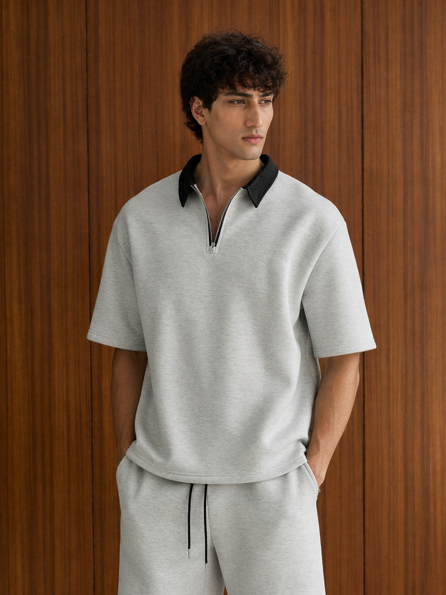 AVEROH Grey Contrast Zipper Polo