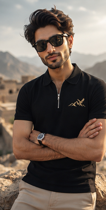 Skardu Peaks Zip Polo Shirt – Black Explorer Edition