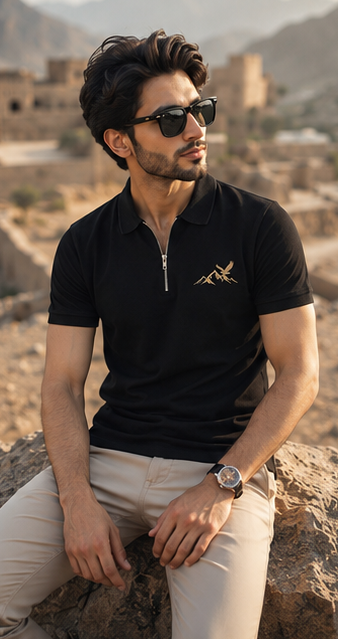 Skardu Peaks Zip Polo Shirt – Black Explorer Edition