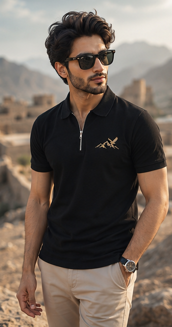 Skardu Peaks Zip Polo Shirt – Black Explorer Edition
