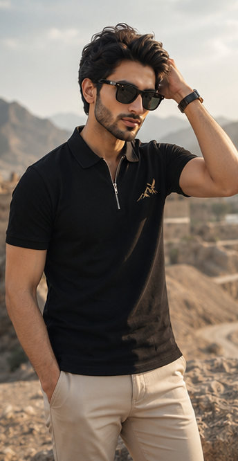 Skardu Peaks Zip Polo Shirt – Black Explorer Edition