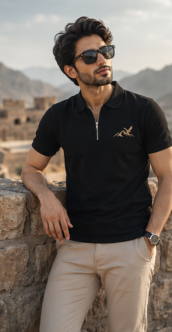 Skardu Peaks Zip Polo Shirt – Black Explorer Edition