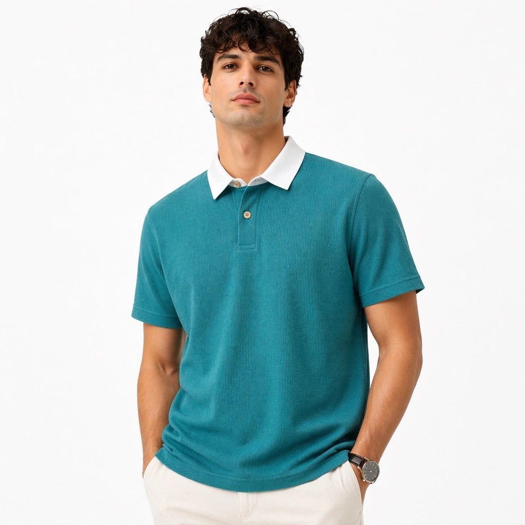RUGBY COLLAR WAFFLE KNIT POLO SHIRT (TEAL)