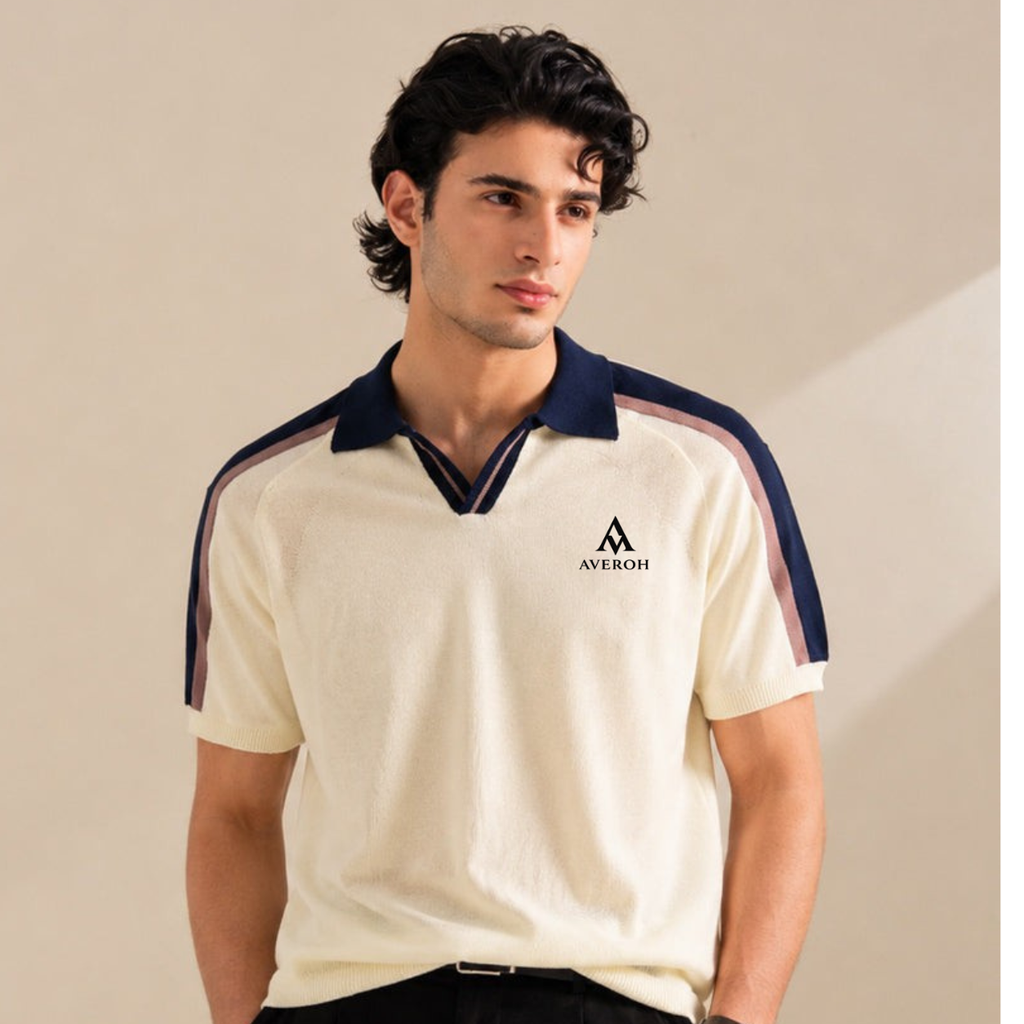 AVEROH Cream Knitted Contrast Polo
