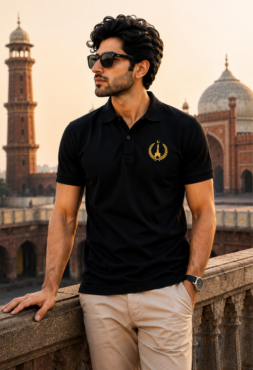 A man wearing a black short-sleeve polo shirt with a gold embroidered logo on the left chest, paired with beige trousers, standing outdoors in front of a historic domed and minaret building at sunset.