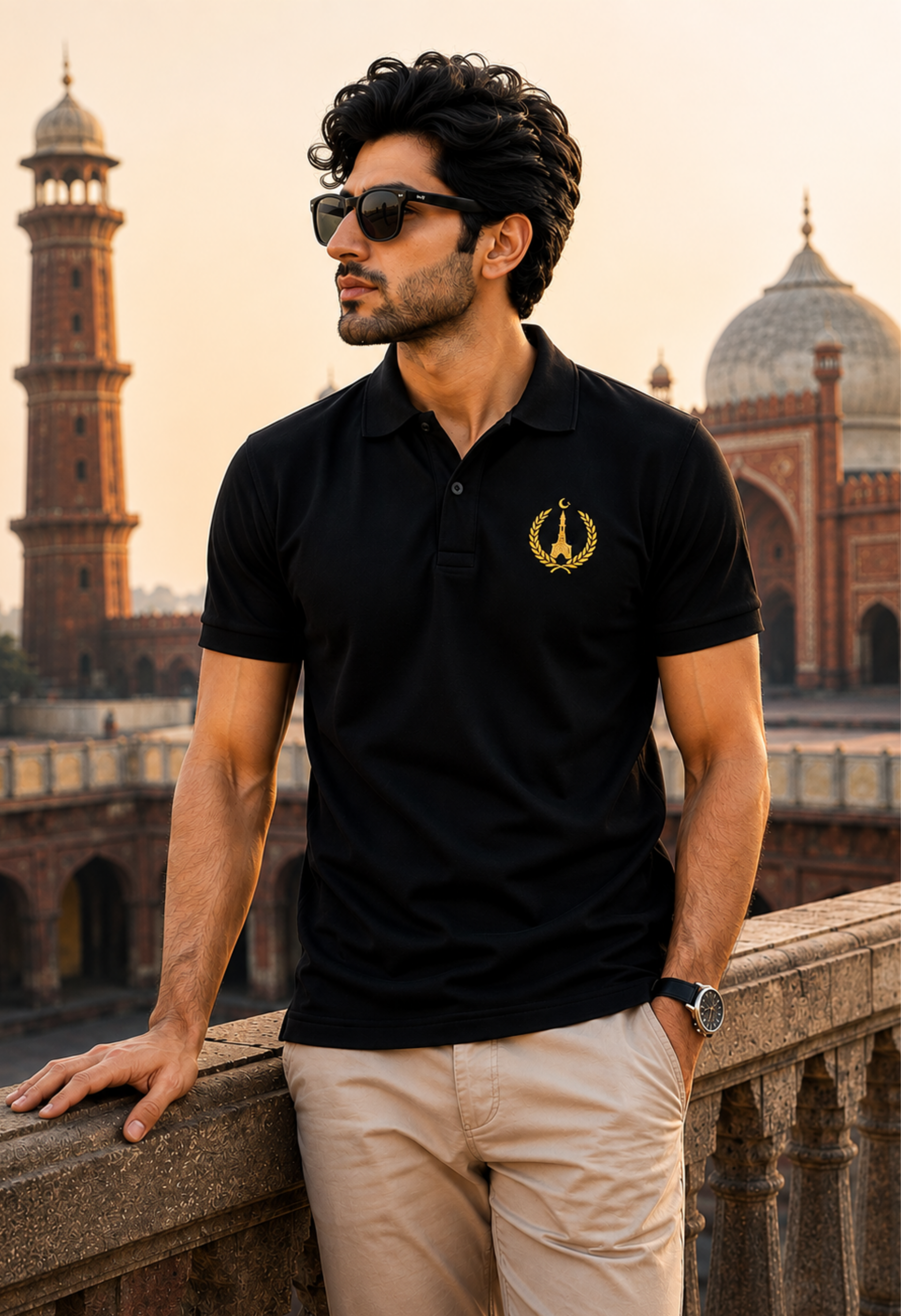 A man wearing a black short-sleeve polo shirt with a gold embroidered logo on the left chest, paired with beige trousers, standing outdoors in front of a historic domed and minaret building at sunset.