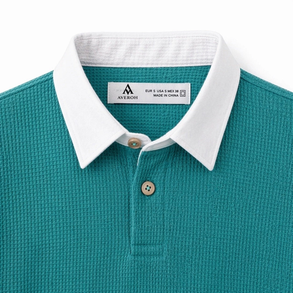 RUGBY COLLAR WAFFLE KNIT POLO SHIRT (TEAL)