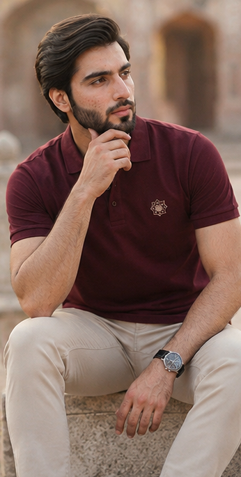 Lahore Mosaic Button Polo Shirt – Burgundy Edition