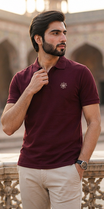 Lahore Mosaic Button Polo Shirt – Burgundy Edition